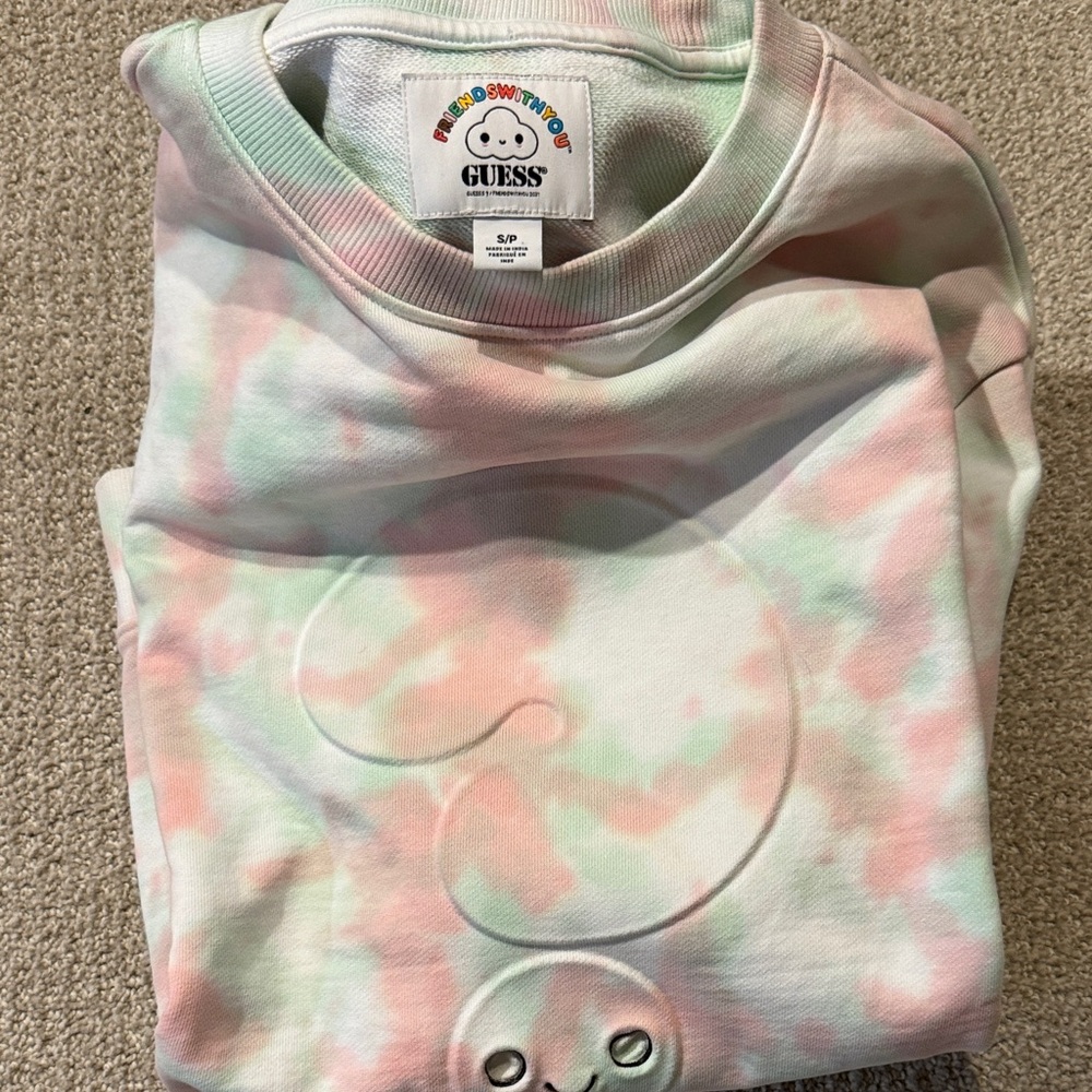 GUESS collab FRIENDS WITH YOU  SZ S,Pink/Mint Tie-Dye Smiley Crewneck sweatshirt